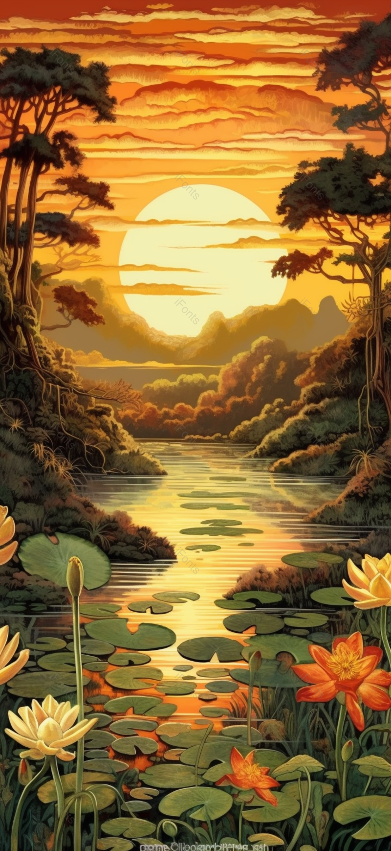 夏日湖边夕阳西下荷叶荷花唯美风景画,插画/手绘图,插画/手绘图库,插画/手绘图下载,插画/手绘